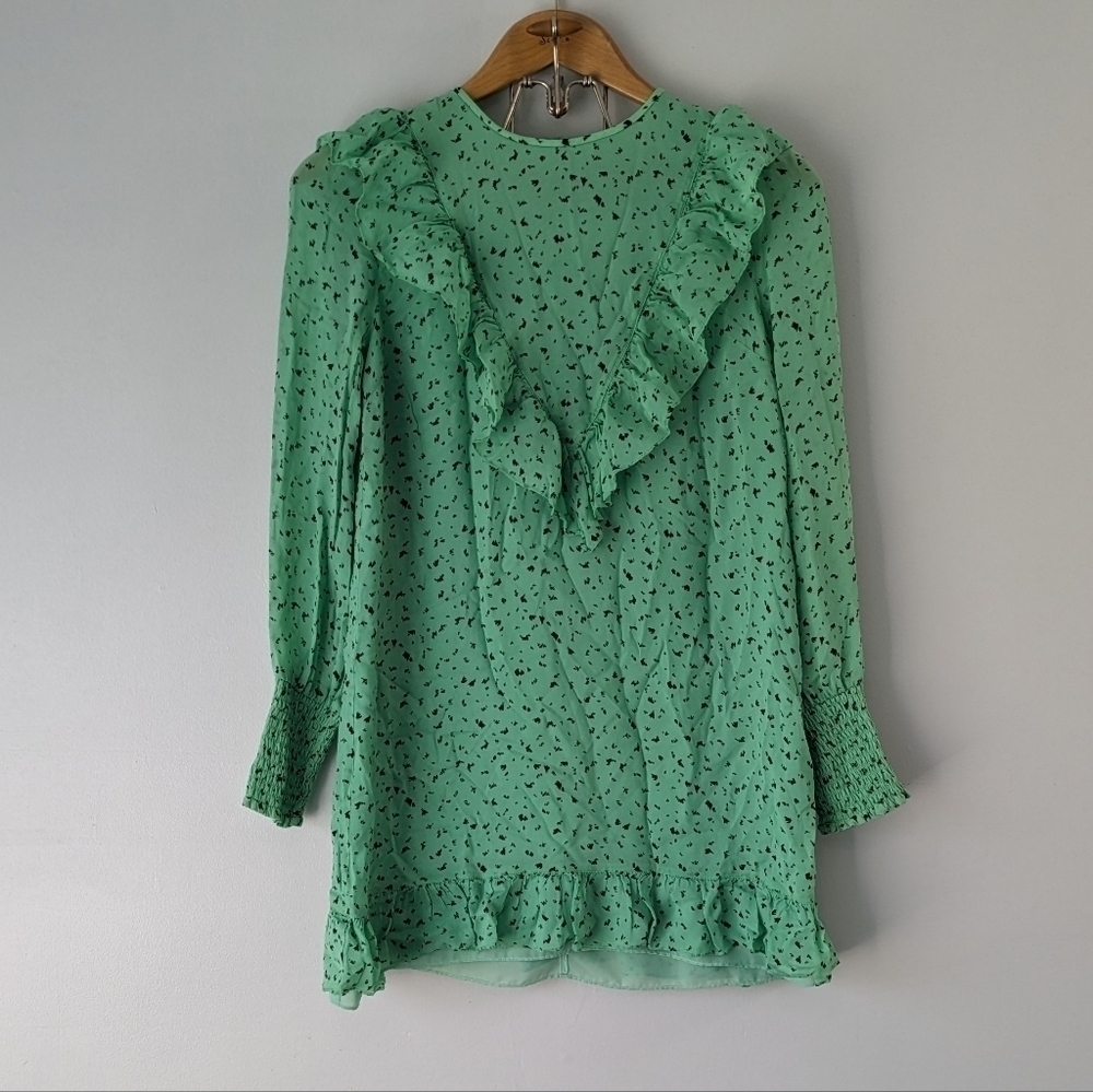Aritzia Little Moon Dress Womens XS Green Gimlet Mini Shift Flounced Hem Ruffle
